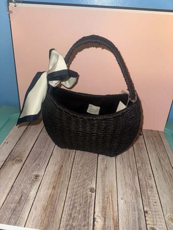 A New Day Handbags - A New Day Black Mini Woven Straw Basket Handbag with Scarf Detail